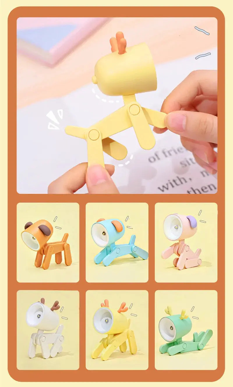 Mini LED night light folding desk lamp in cute dog/deer animal design; set of six color options; Simples Market
