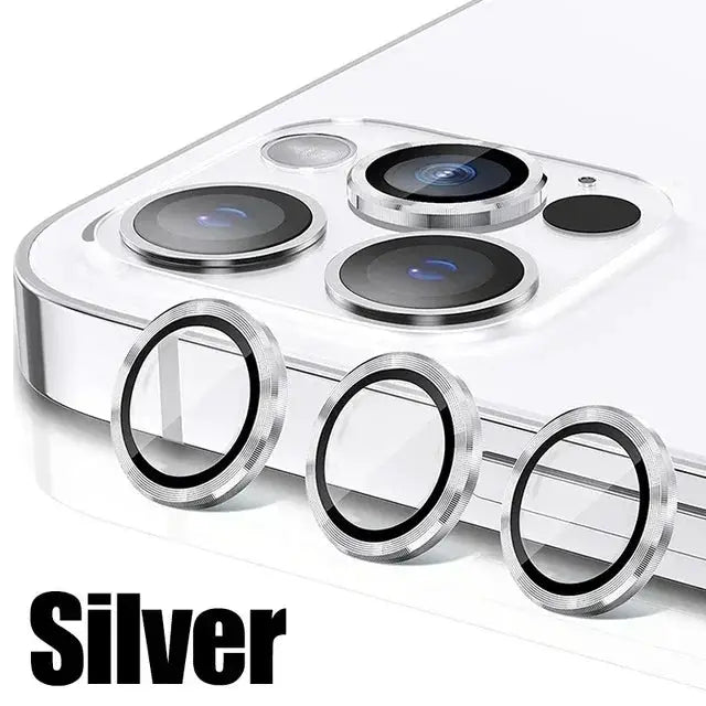 3-piece silver metal camera lens protector set for iPhone back cameras by Simples Market