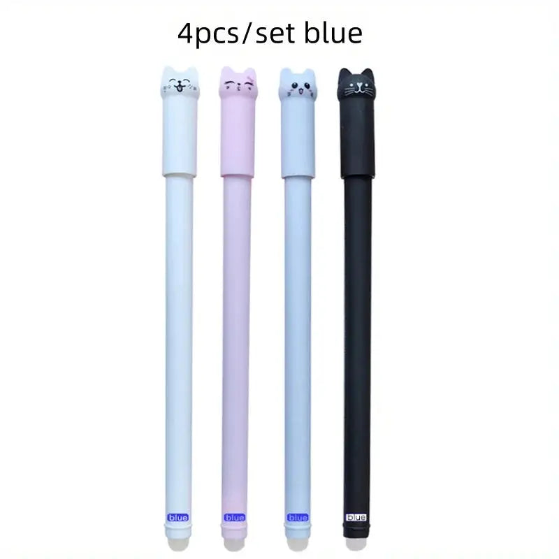 Cat-themed erasable gel pen set, 4 pcs, 0.5mm tip, pastel bodies with cat head caps, blue/black ink