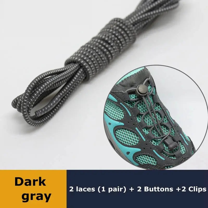1 Pair dark gray elastic round no-tie sneaker shoelaces with locking buttons and clips