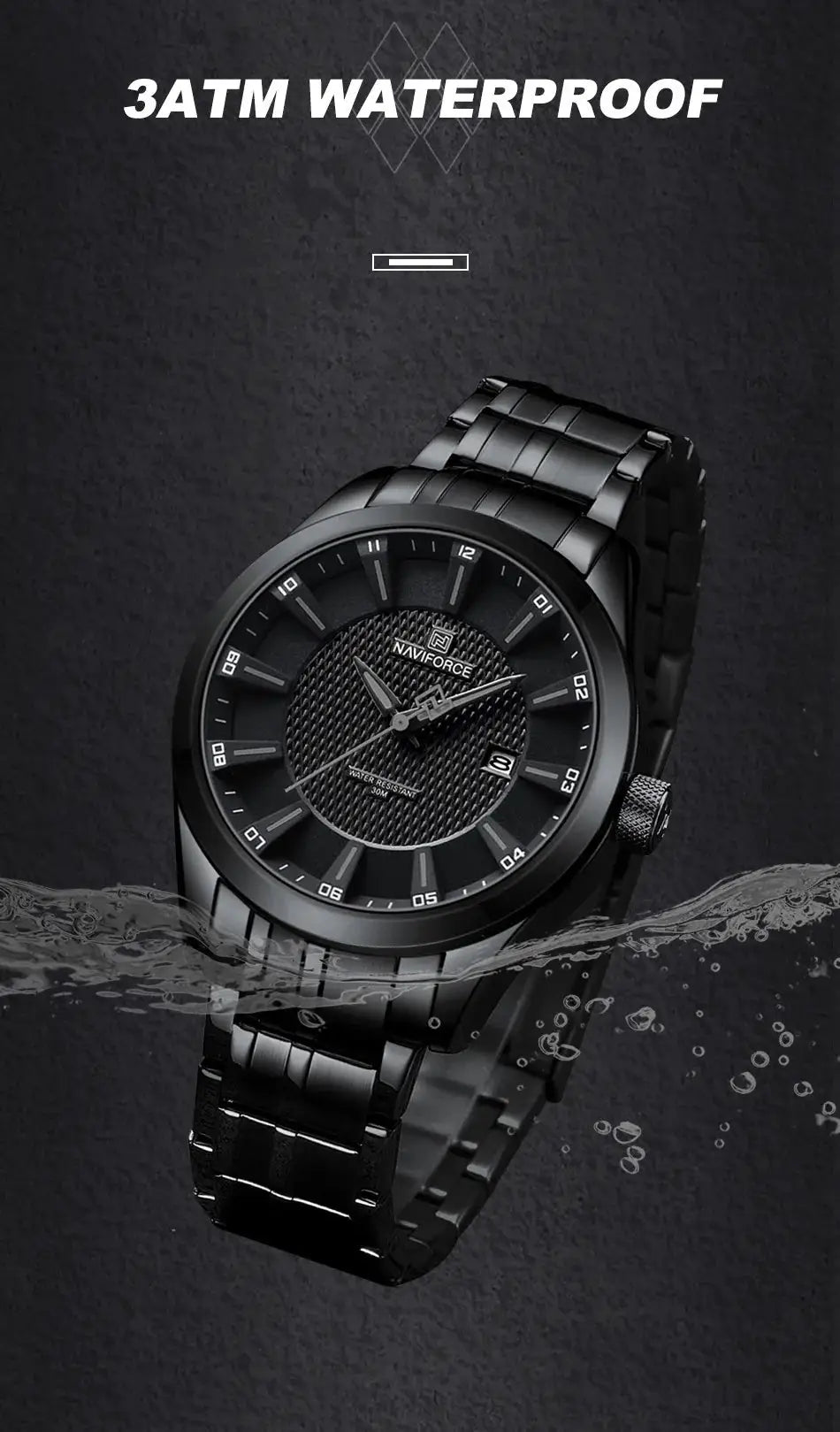 Naviforce men's black stainless steel watch with date display and 3ATM water resistance