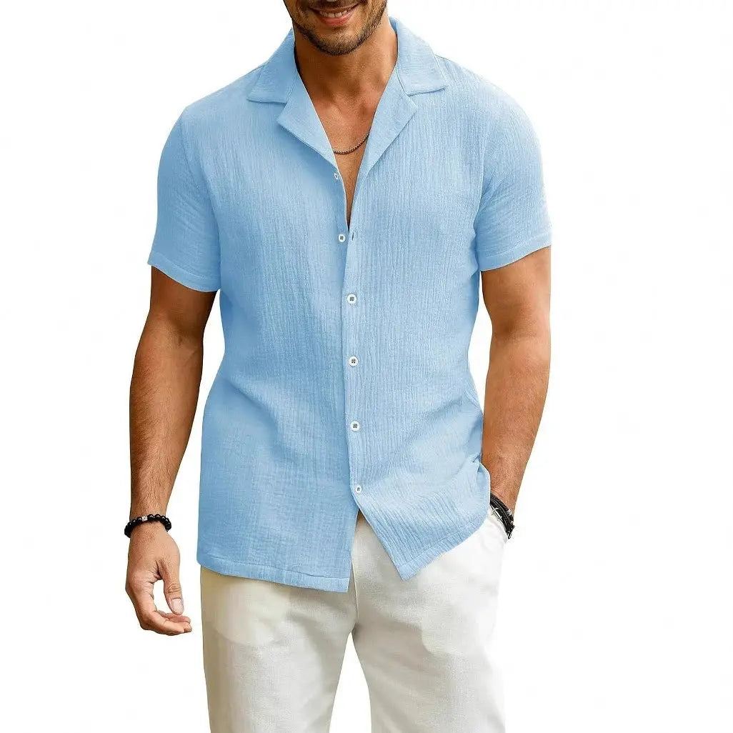 Men's light-blue short-sleeve button-down shirt for summer casual wear