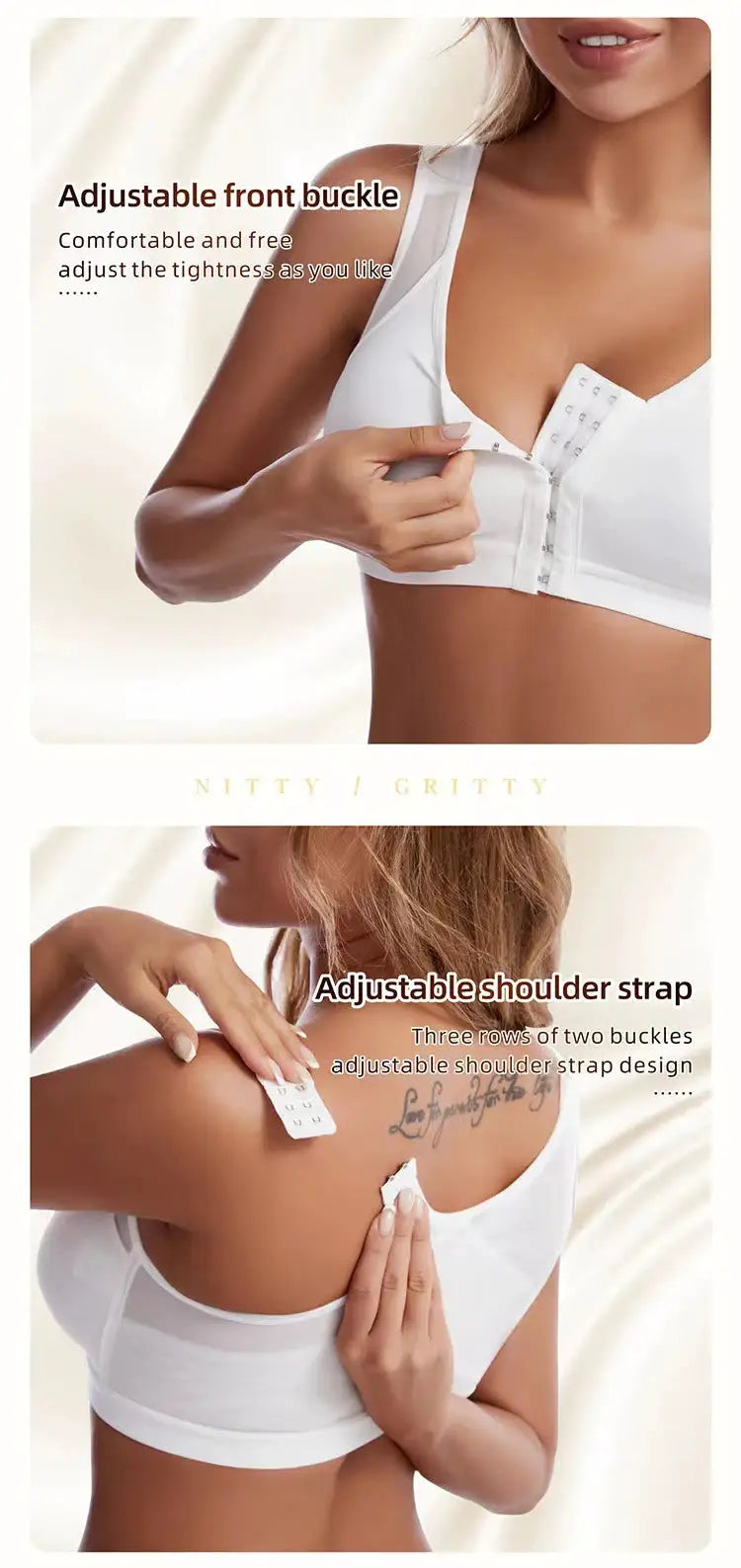 Simples Market white front-closure wireless bra with adjustable front buckle and shoulder straps, unlined