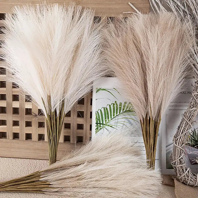 10pcs artificial reed pampas bouquets for bohemian home decor; cream beige feathery plumes on brown stems.