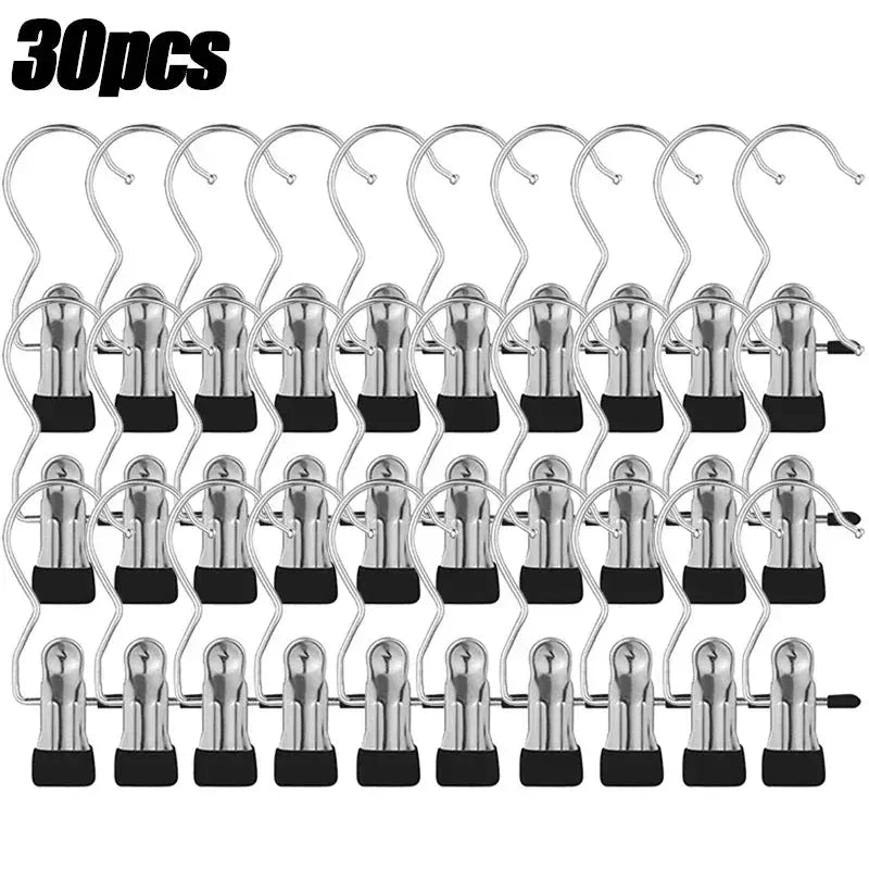 Stainless steel clothespins with black grips and hooks, 30 pieces