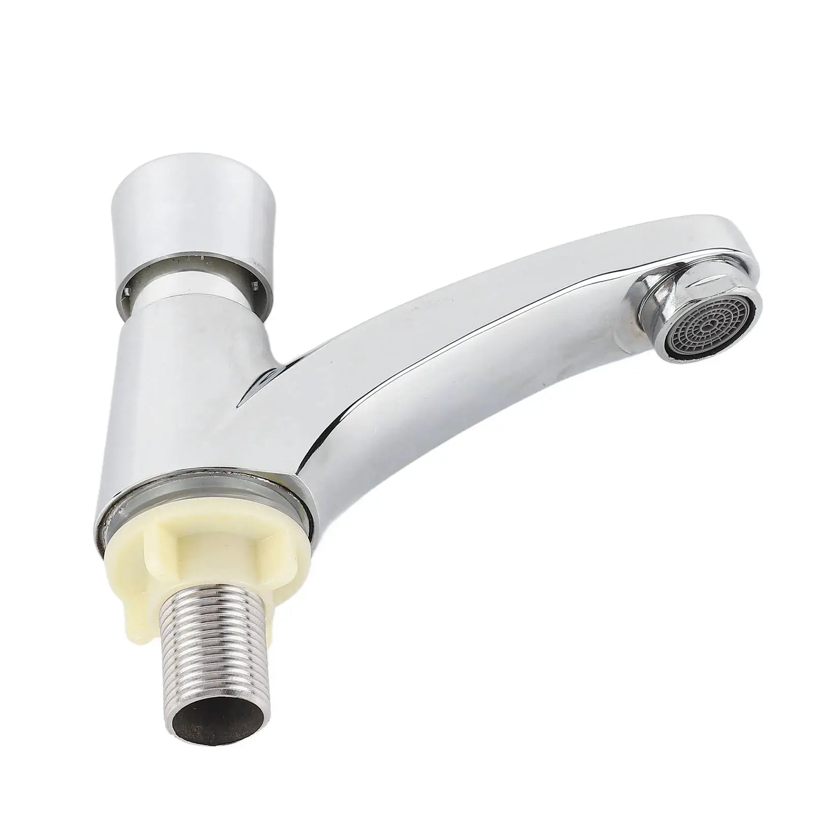 Simples Market time-delay basin faucet with chrome finish and push-switch; copper alloy body, threaded inlet
