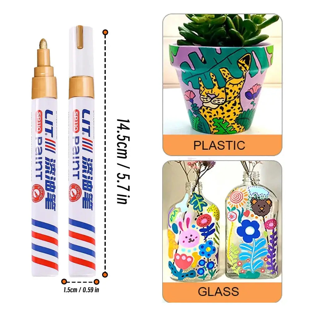 Two permanent paint marker pens, 3mm tip, waterproof and colorful, for plastic, glass, metal and fabric.