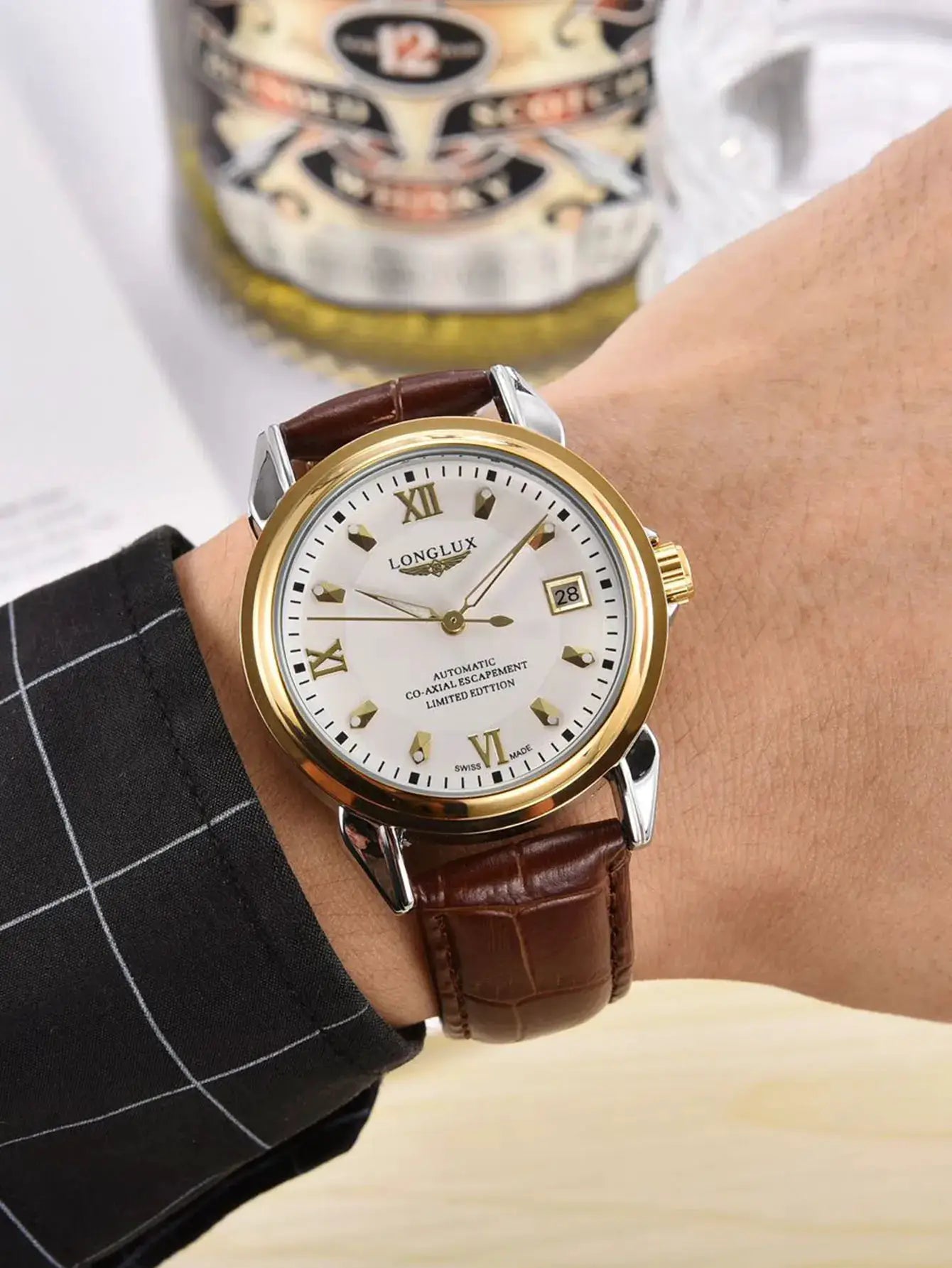 LONGLUX men's automatic wristwatch with brown leather strap, gold bezel, white dial, Roman numerals and date window