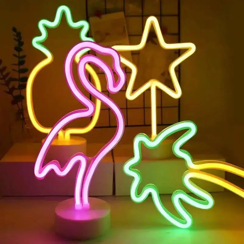 Neon USB LED sign set, 4-piece: pink flamingo, yellow star, pineapple and leaf shapes; Simples Market decor