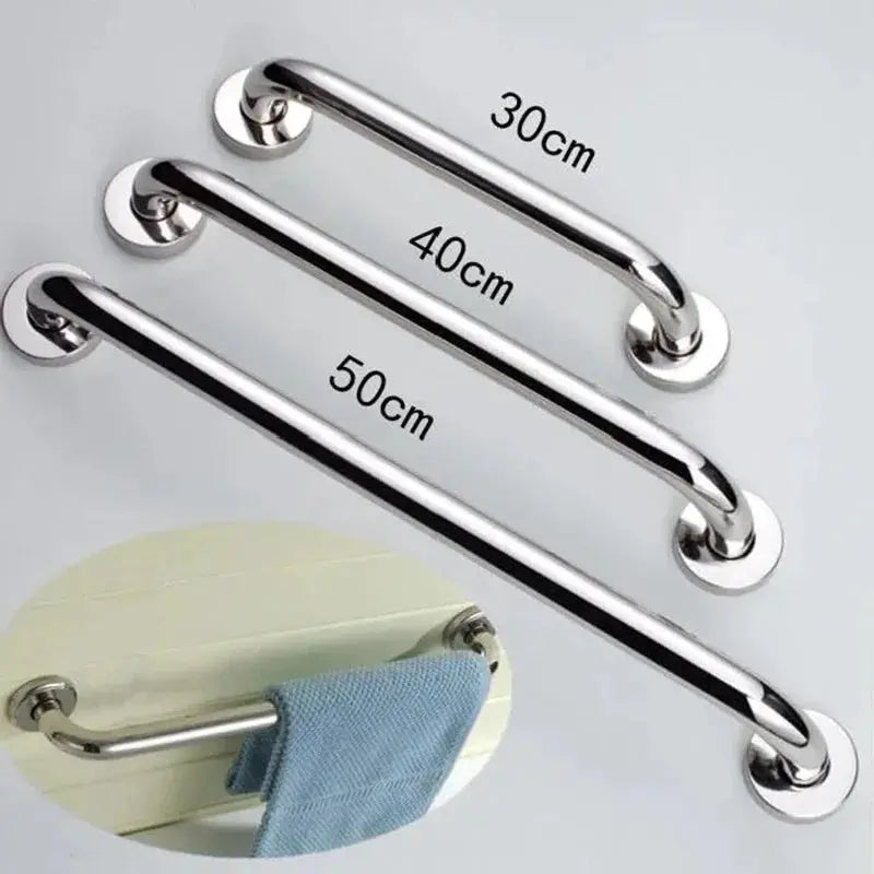 Simples Market three stainless steel bathroom grab bars (30/40/50cm) with towel rack for shower safety.