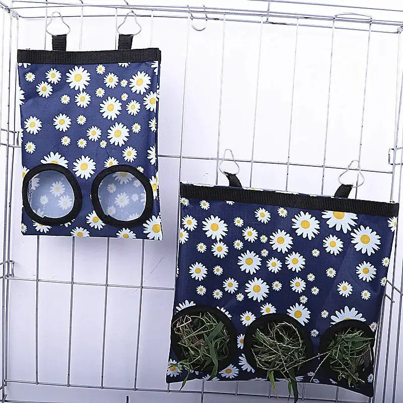 Simples Market rabbit hay bag set, navy blue with white daisies, 2/3-hole hanging small animal feeders (2-pack)