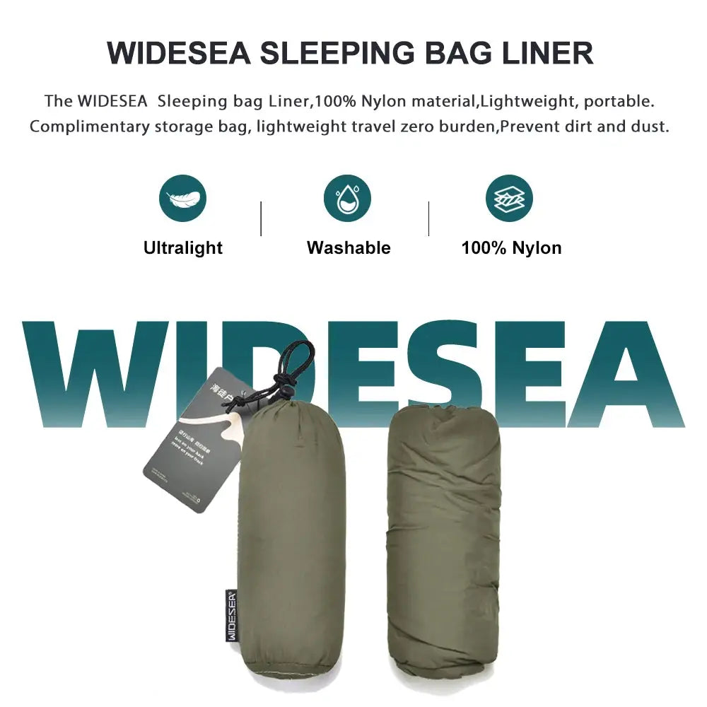 WIDEESEA ultralight nylon mummy sleeping bag liner, olive green, 2-pack for single-person travel.