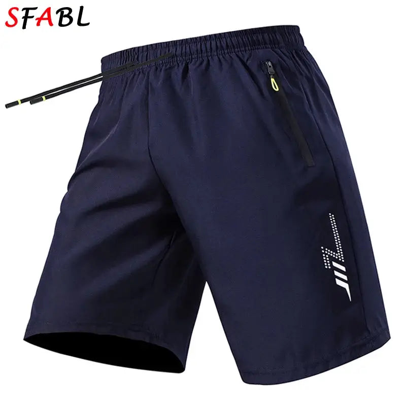 Men's navy sports shorts by Simples Market with drawstring, zip pocket with yellow pull, and white leg logo.