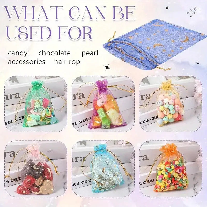 50Pcs Moon Stars Drawstring Organza Bags Jewelry Gift Pouches Gold Star Moon Pattern For Christmas Wedding Favors