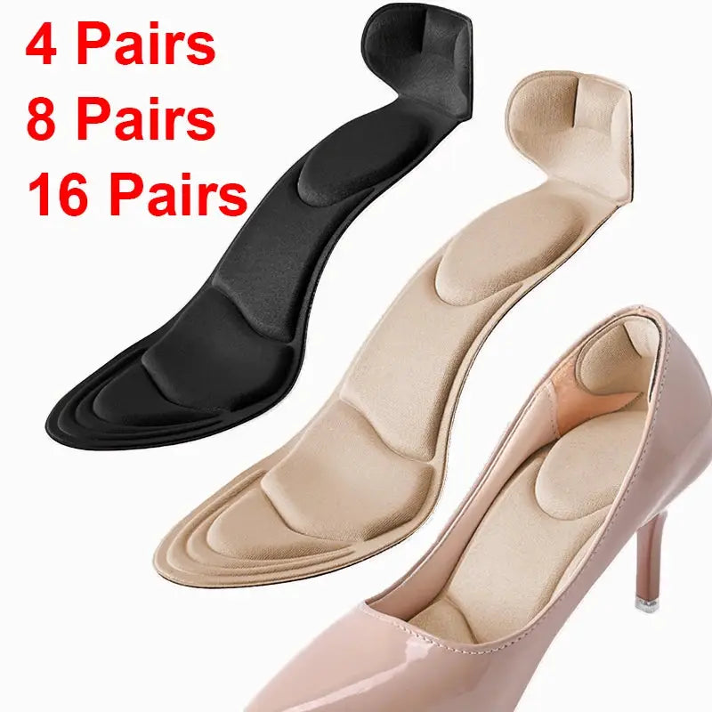 Memory foam insoles for women's high-heel shoes; black, beige, and nude options with anti-slip breathable cushioning.