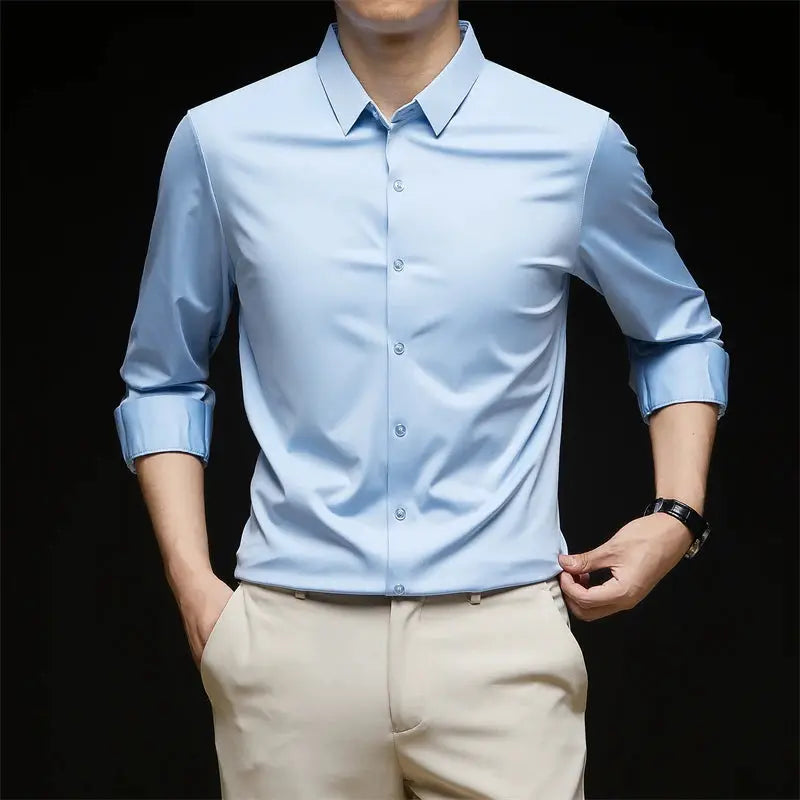 Men's light blue long-sleeve dress shirt with beige pants, 2-piece business casual outfit