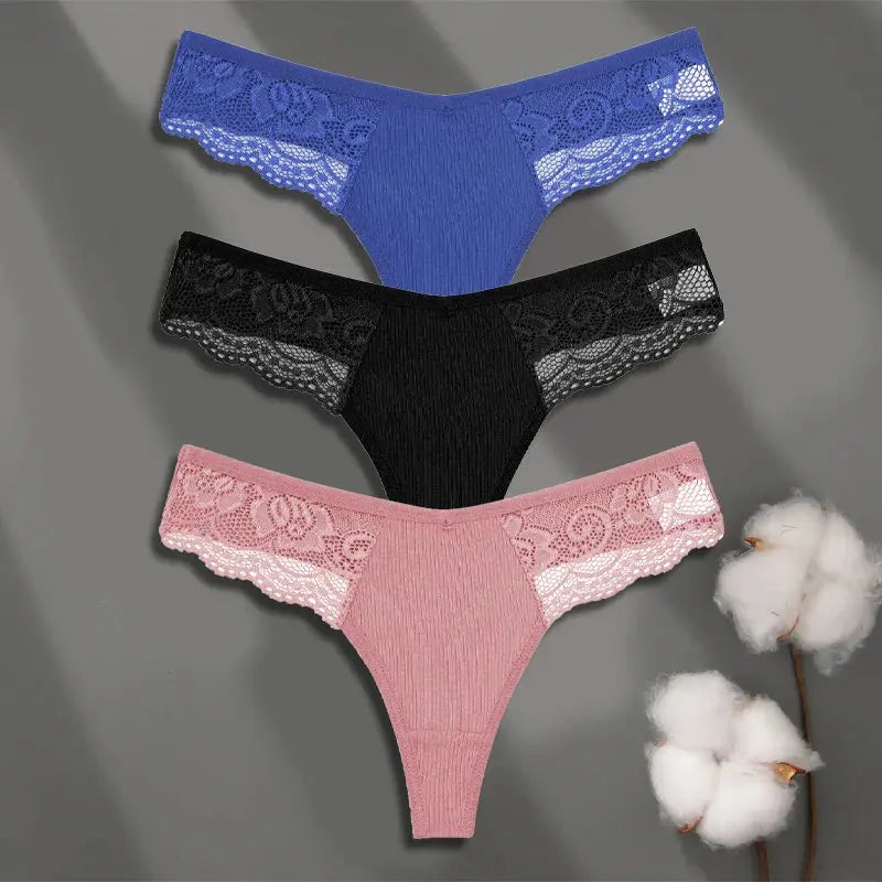 3-pack women's cotton lace thongs in blue, black, and pink.