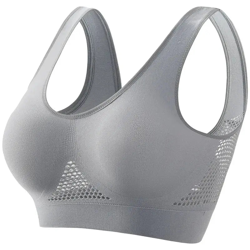 Women's plus-size breathable mesh sports bra, seamless non-wire, gray.