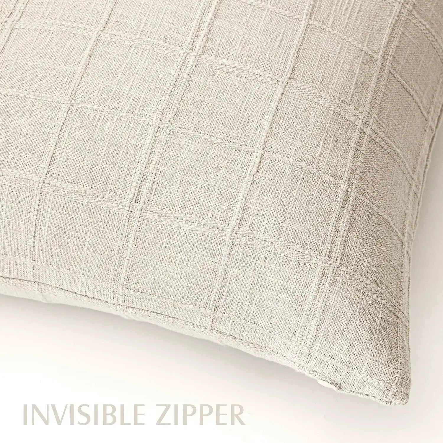 Green square cushion cover; boho linen with grid pattern, 40x40cm decorative pillow for sofa