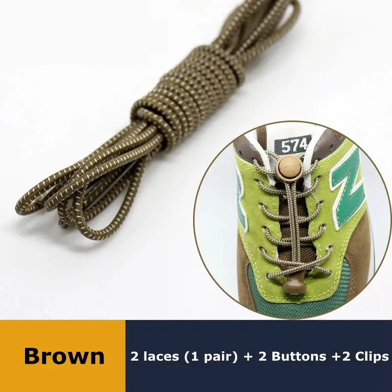 Brown elastic sneaker laces, 1 pair, round no-tie shoelaces with locks; includes 2 buttons and 2 clips