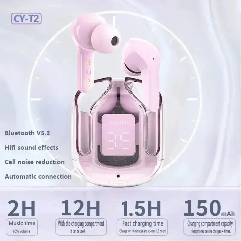 T2 Wireless Bluetooth Earphones With HiFi Sound And LED Power Display Transparent Design