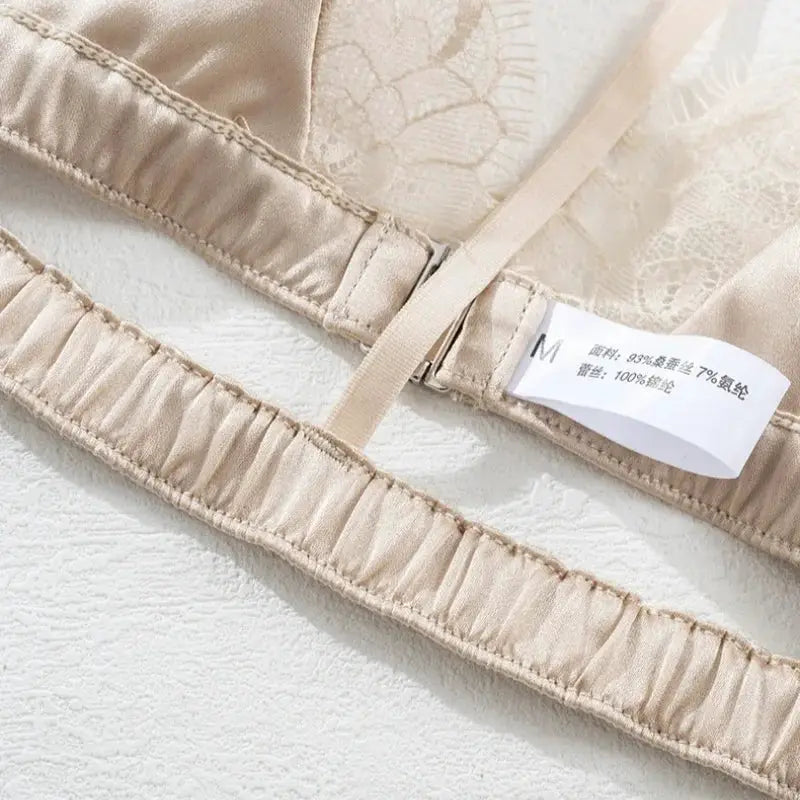 Birdtree lace bralette beige silk-spandex blend, wireless triangle cups with front closure