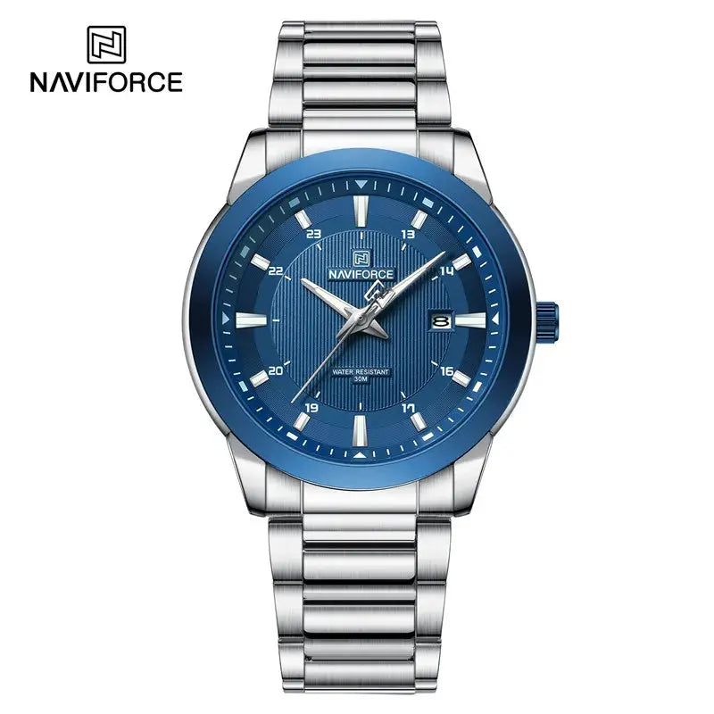 NAVIFORCE men's stainless steel wristwatch with blue dial, date window, 30m water resistance