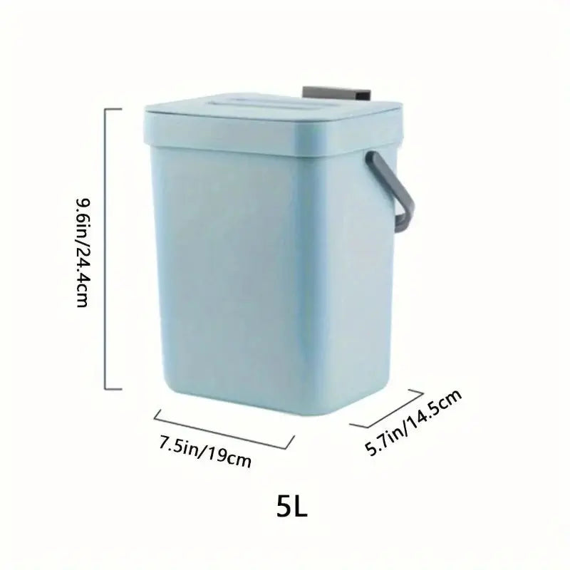 Simples Market space-saving quiet-close trash can, 5L, light blue plastic with lid for kitchen or office.