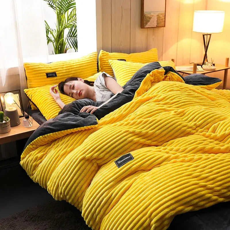 Simples Market 3pc duvet cover set, thick yellow coral fleece with pillowcases, winter warm bedding