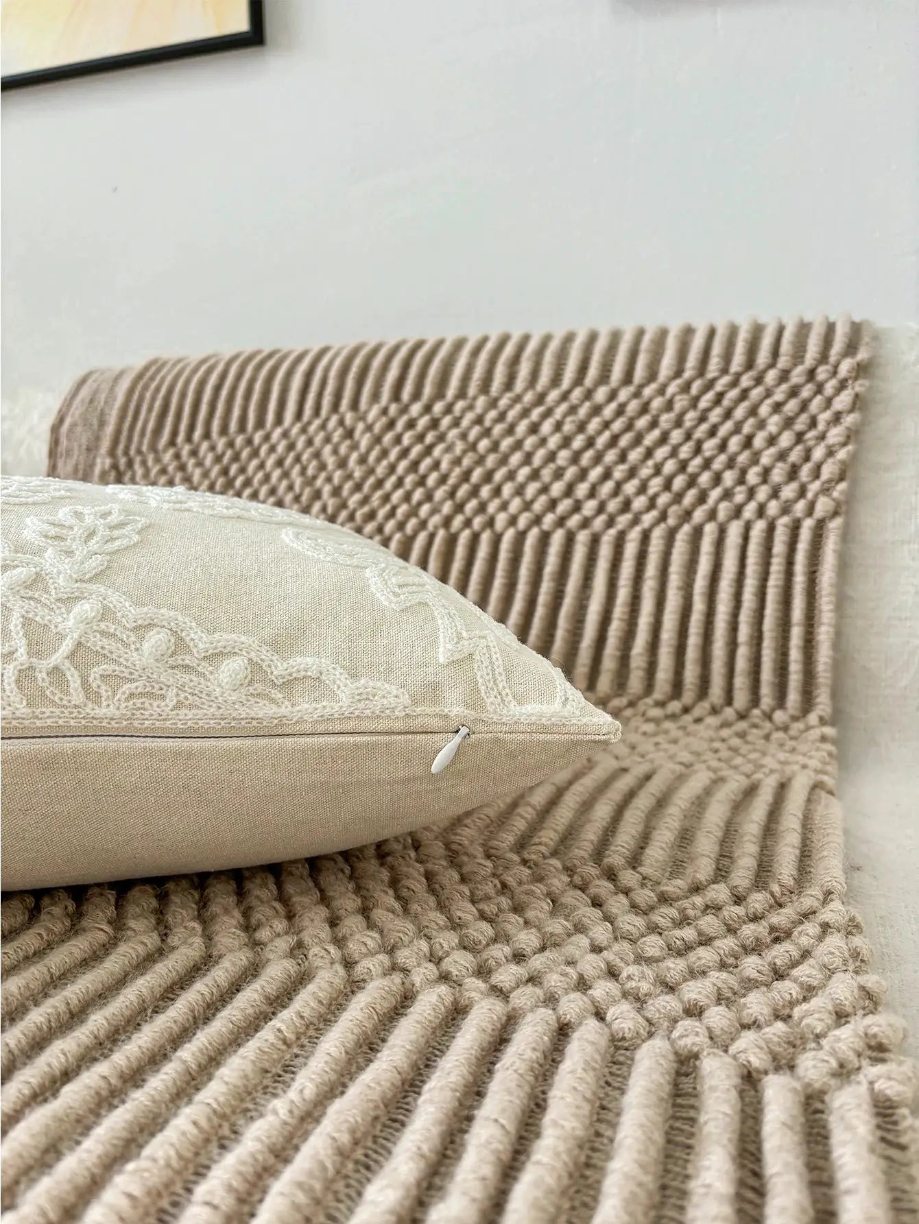 Embroidery throw pillow, beige lace-embellished cushion, 1pc decorative pillow for living room or bedroom