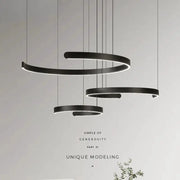 Modern ring ceiling chandelier by Simples Market; black LED pendant lights at varying heights