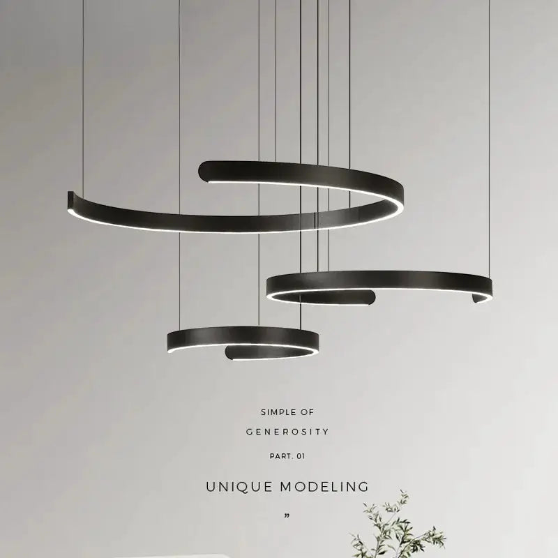 Modern ring ceiling chandelier by Simples Market; black LED pendant lights at varying heights
