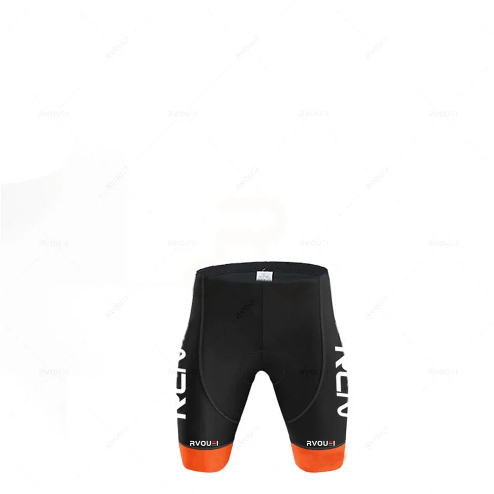 Cycling shorts from RVOU team set, black with orange cuffs and white RVOU branding