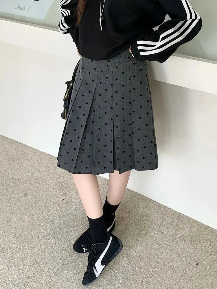 Polka dot pleated skirt, grey high-waist A-line, knee-length for women