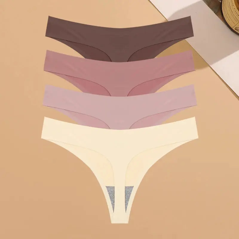 Simples Market 4-pack ultra-thin seamless women's thong panties in dark brown, dusty pink, blush pink, and ivory.