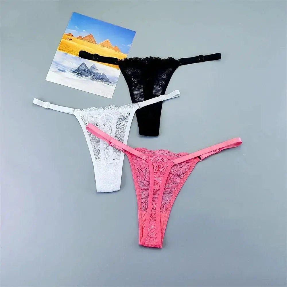 Thong panties set: lace, adjustable straps, low-rise T-back; black, white, pink, 3-pack.