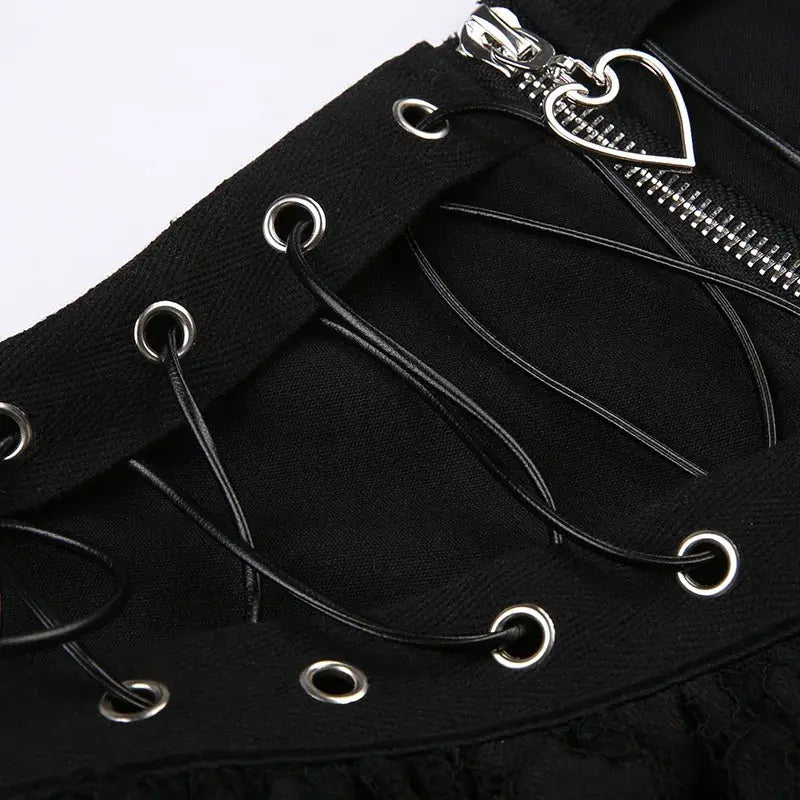 Gothic black high-waist skirt with lace-up front, metal eyelets and heart-shaped zipper pull