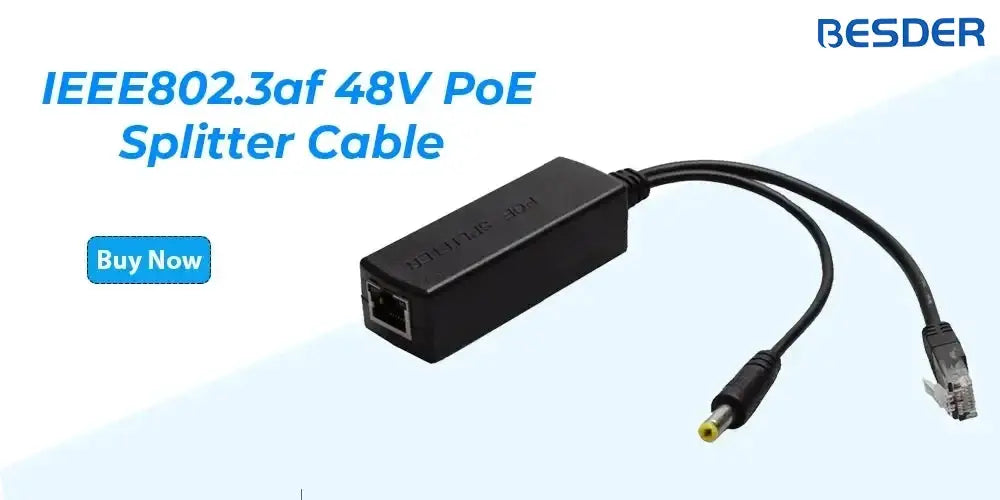 BESDER PoE splitter cable with RJ-45 plug and yellow DC barrel connector, black inline box