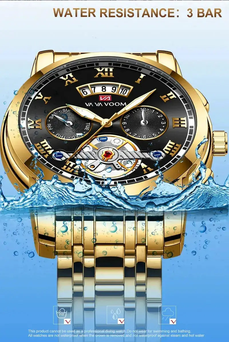 Men's gold stainless steel watch by Simples Market with black dial, Roman numerals and skeleton movement