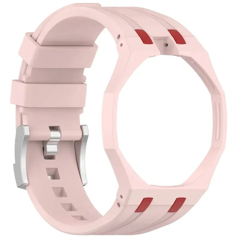 Pink silicone watch strap with metal buckle for Swatch X AP Royal Pop wristwatch.