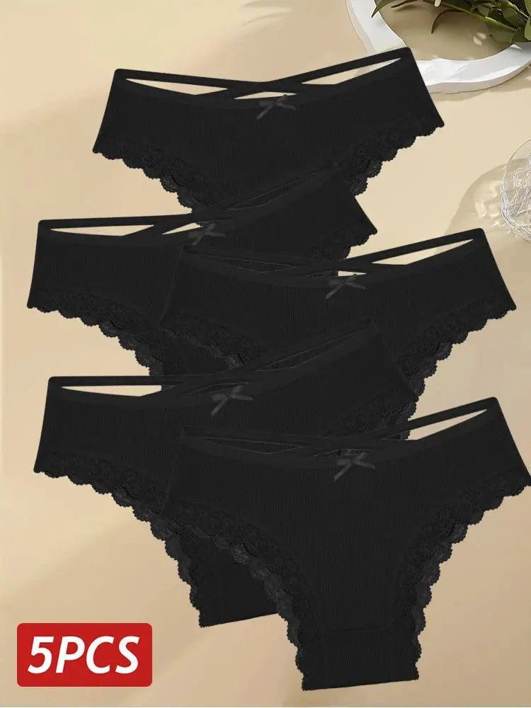 5-pack solid black cotton lace-trimmed women's briefs set for comfortable everyday underwear