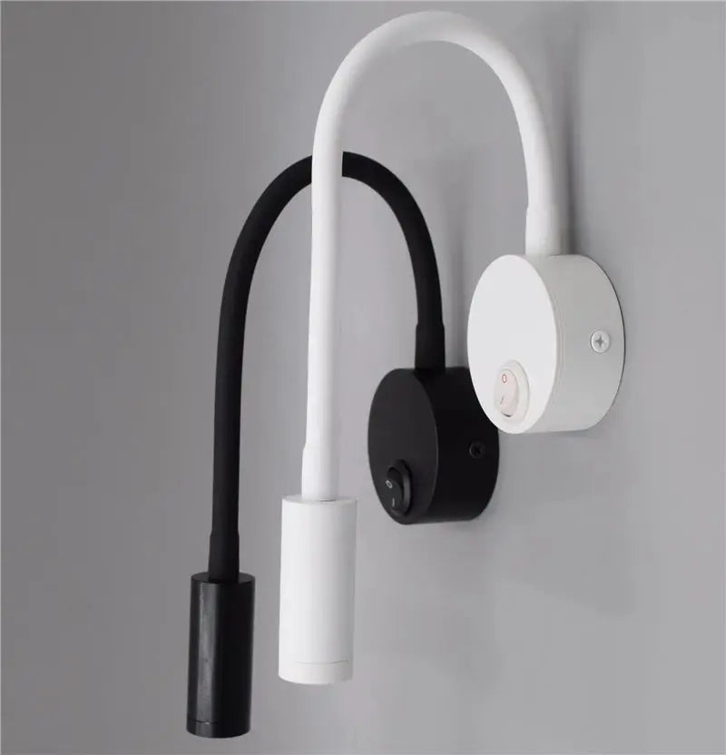 LED flexible hose wall lamp with gooseneck, white and black finishes, wall-mounted with switch