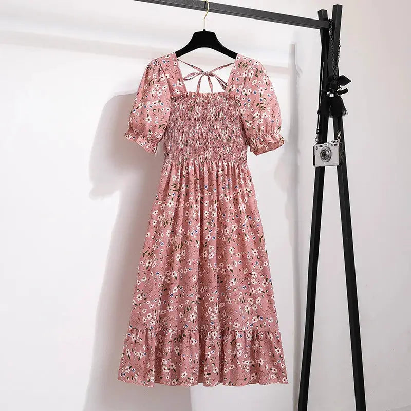 Chiffon Spring Summer A Line Dress For Women With Elastic Waist Pleated Short Sleeve Casual Flattering Fit