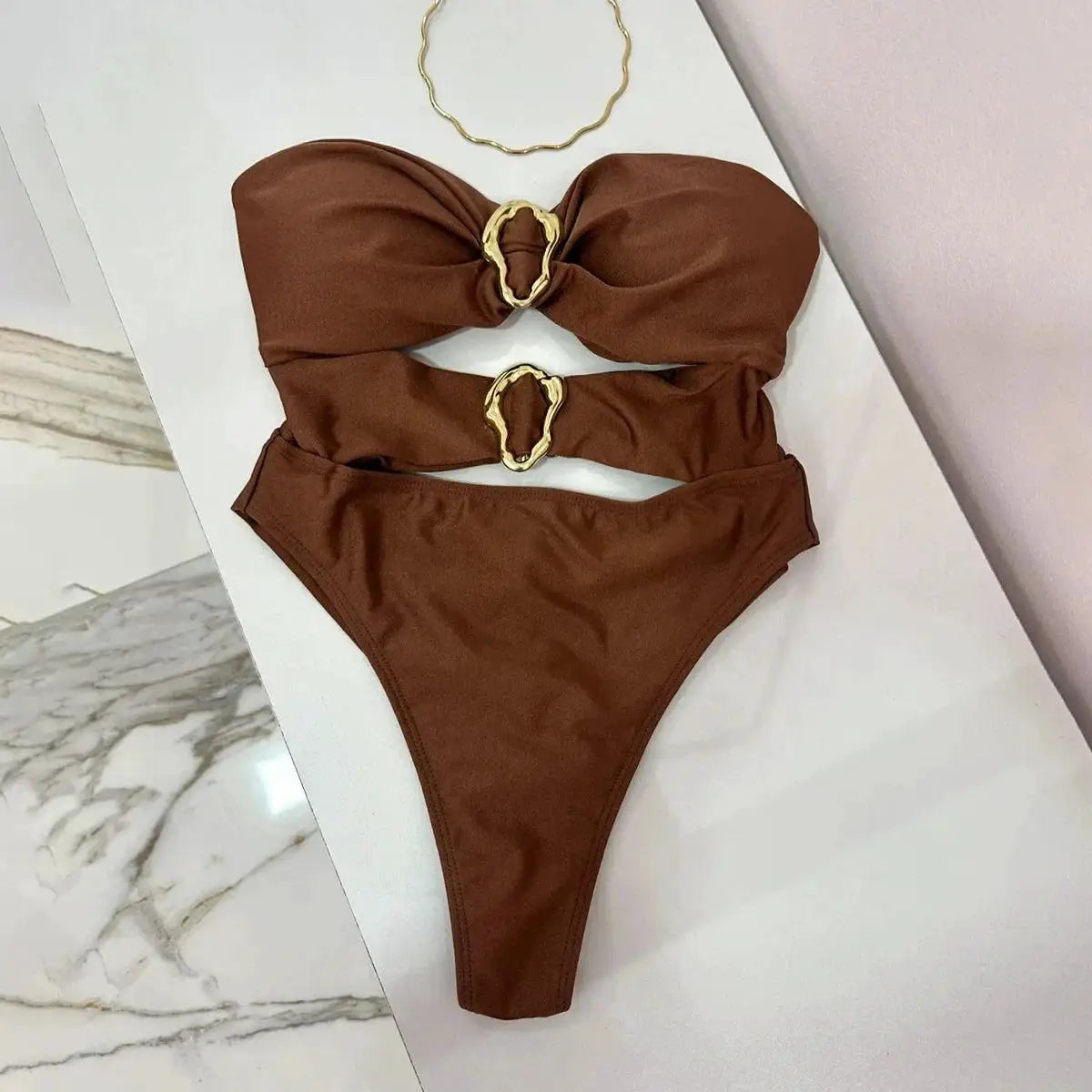 3 Colors Sexy Metal Rings Cut Out Women Neoprene Swimwear One Piece Bandeau High Leg Bathing Suit