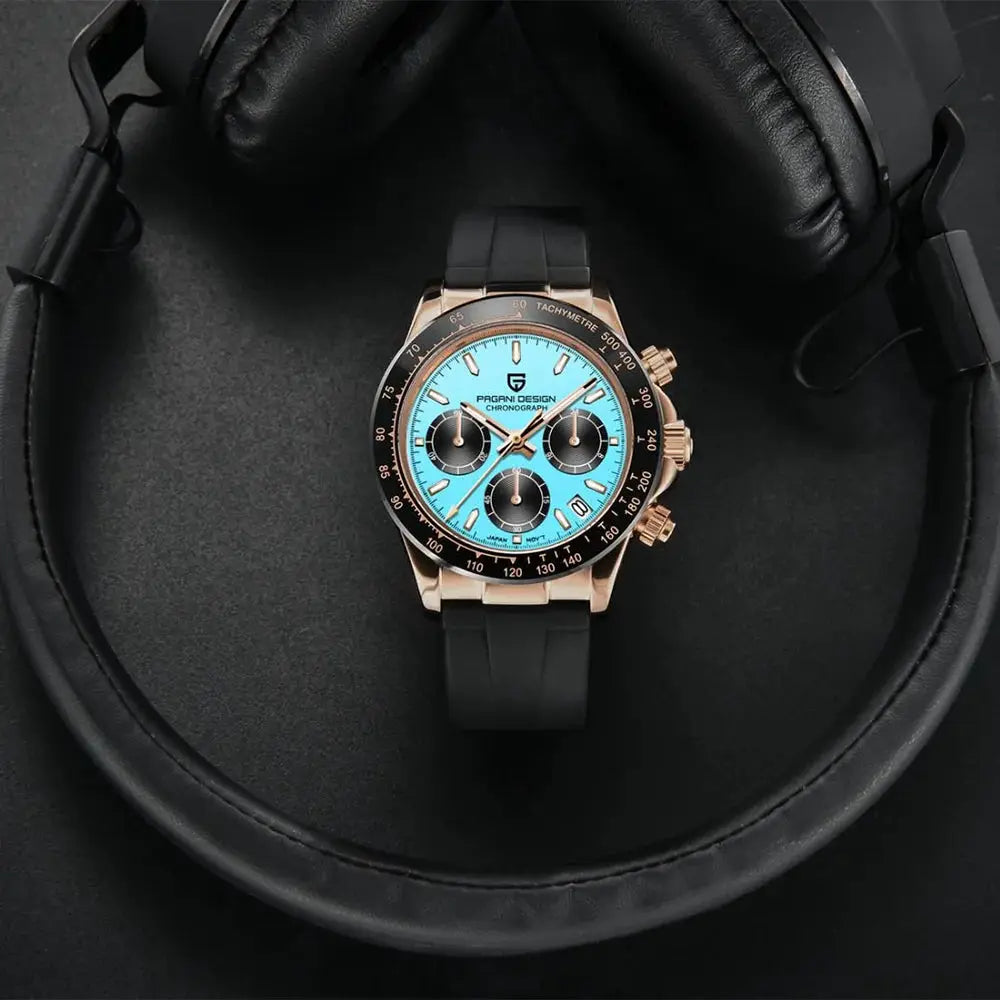 PAGANI DESIGN 40mm V2 sky blue dial chronograph watch with rose-gold stainless steel case and black rubber strap