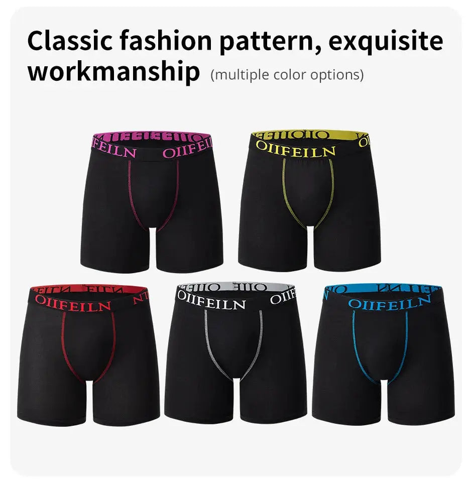 Simples Market 5-pack men's boxer briefs; black fabric with pink, yellow, red, gray, and blue elastic waistbands.