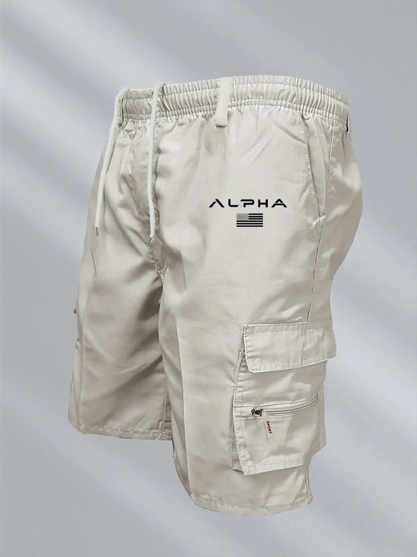Men's beige cargo shorts with large side cargo pockets, ALPHA logo, Simples Market