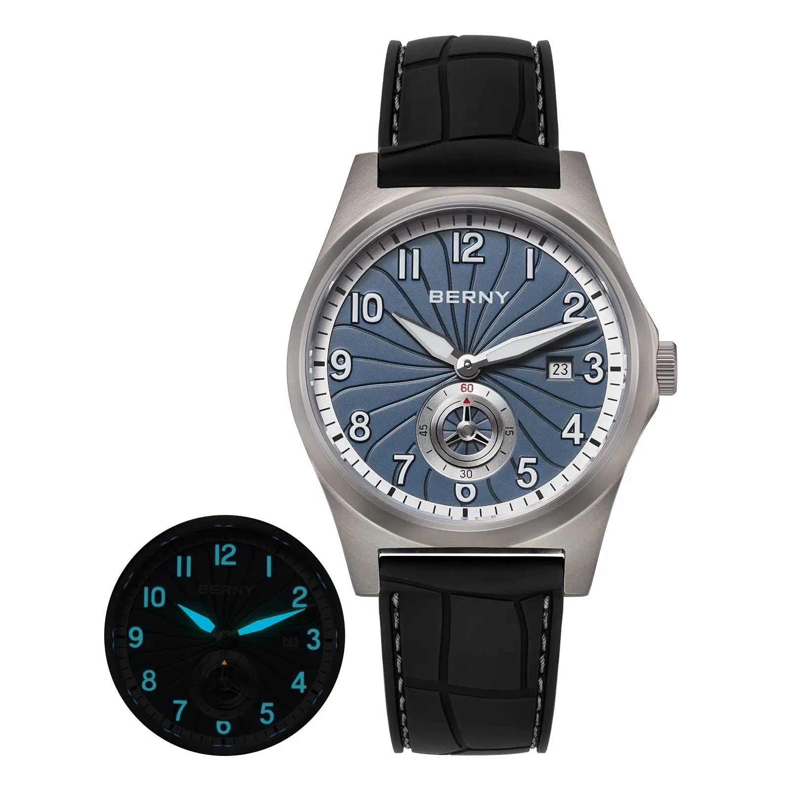 BERNY men's automatic watch with blue dial, silver case and black strap (2 watches shown).