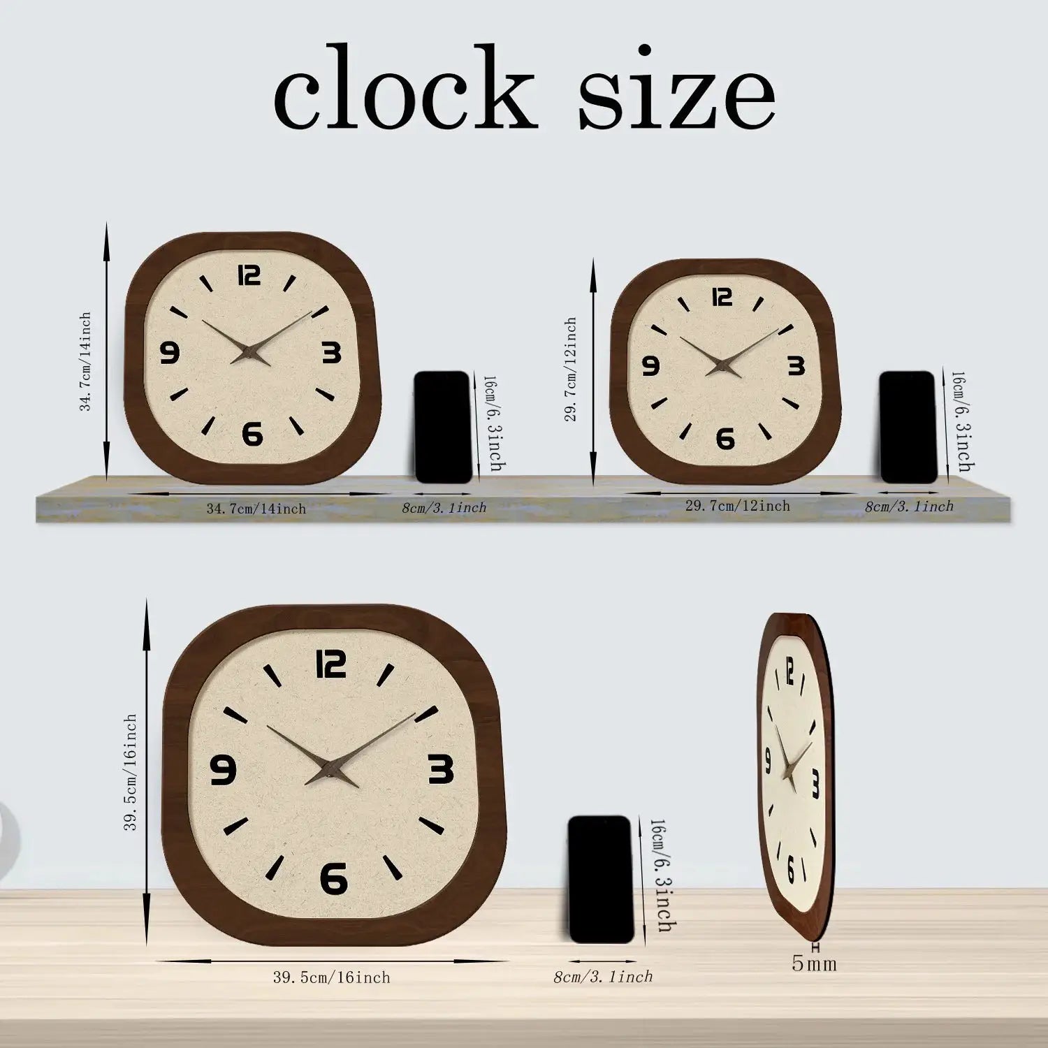 French-style retro cream porcelain square wooden wall clock; two clocks shown for size, 12/14/16 in, silent quartz, battery not included.