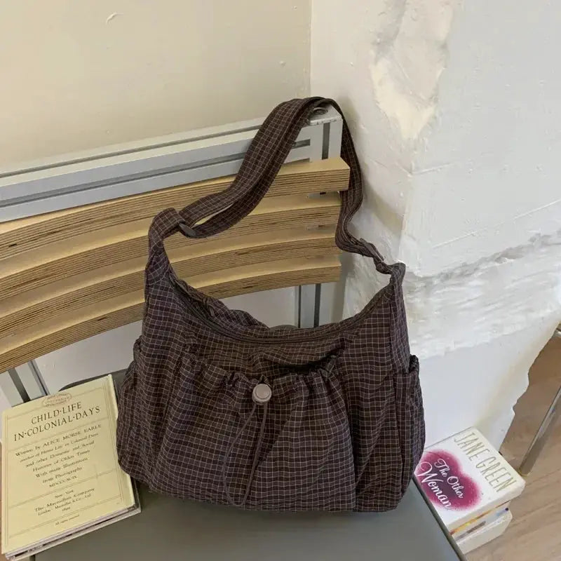 Korean nylon plaid shoulder bag, brown with drawstring closure and pleated front, crossbody style